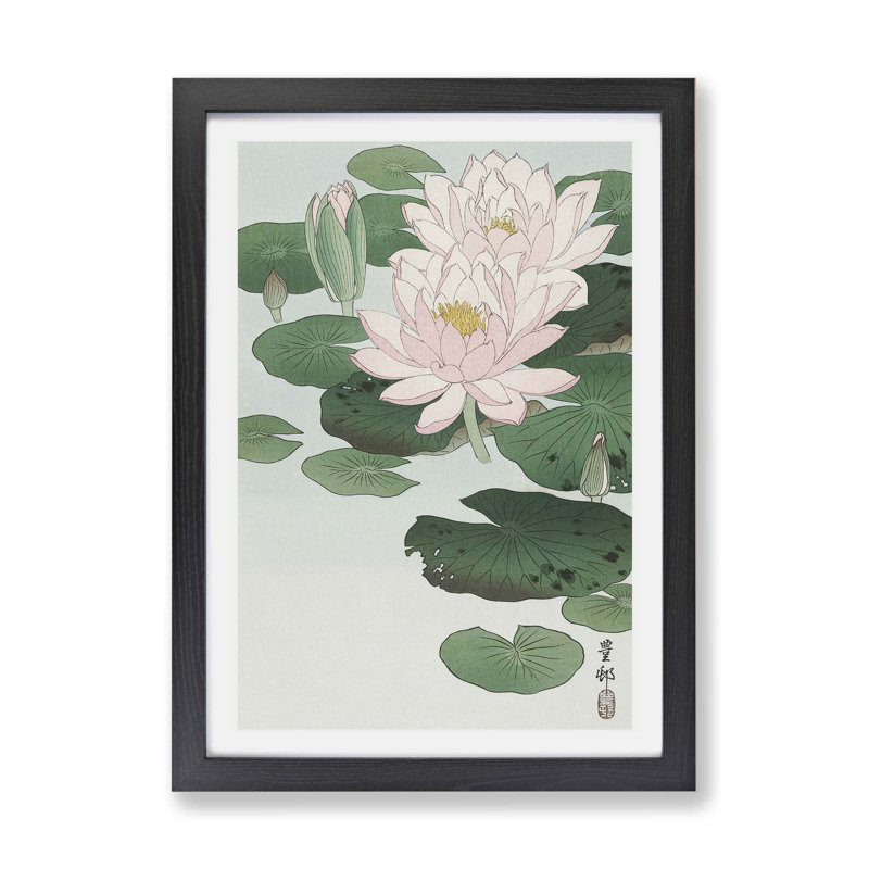 Pink Water Lilies by Ohara Koson - Single Picture Frame Painting, 45cm H x 63cm W x 2cm D, Black