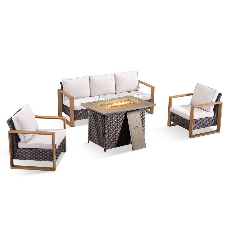 Aldiana 4-Piece Outdoor Conversation Set With Fire Pit Table, 5-Person Wicker Patio Seating Group With Sofa And Armchairs