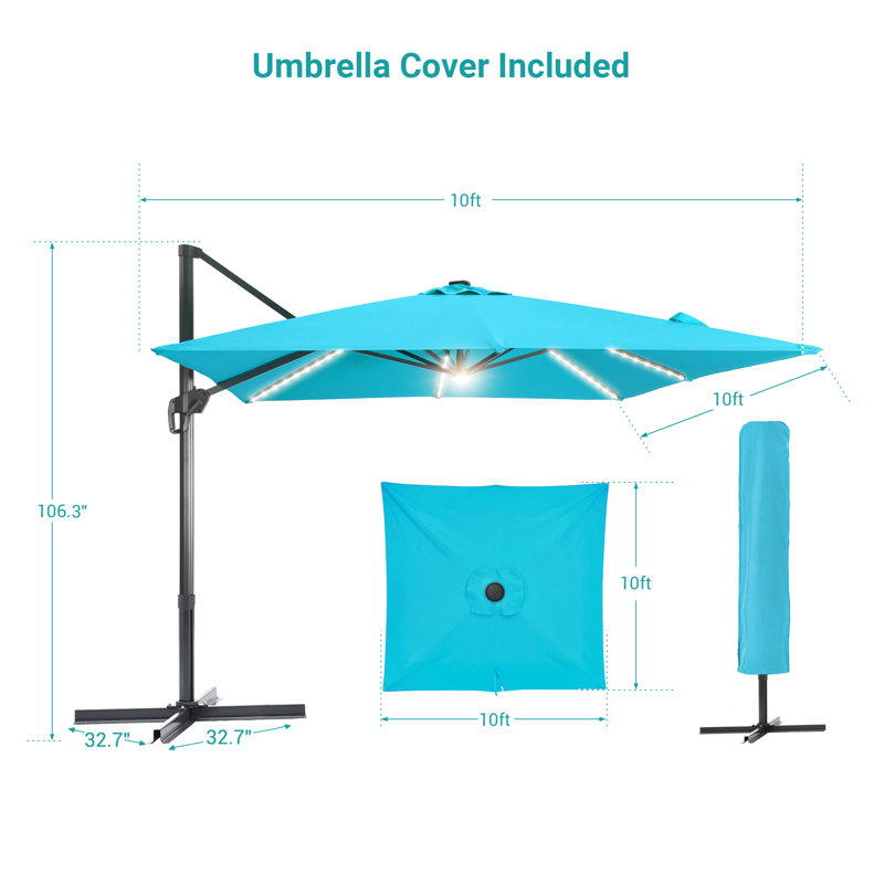 Parasol carré en porte-à-faux à lumière solaire 10 x 10 pi avec rotation à 360 °, Bleu lac
