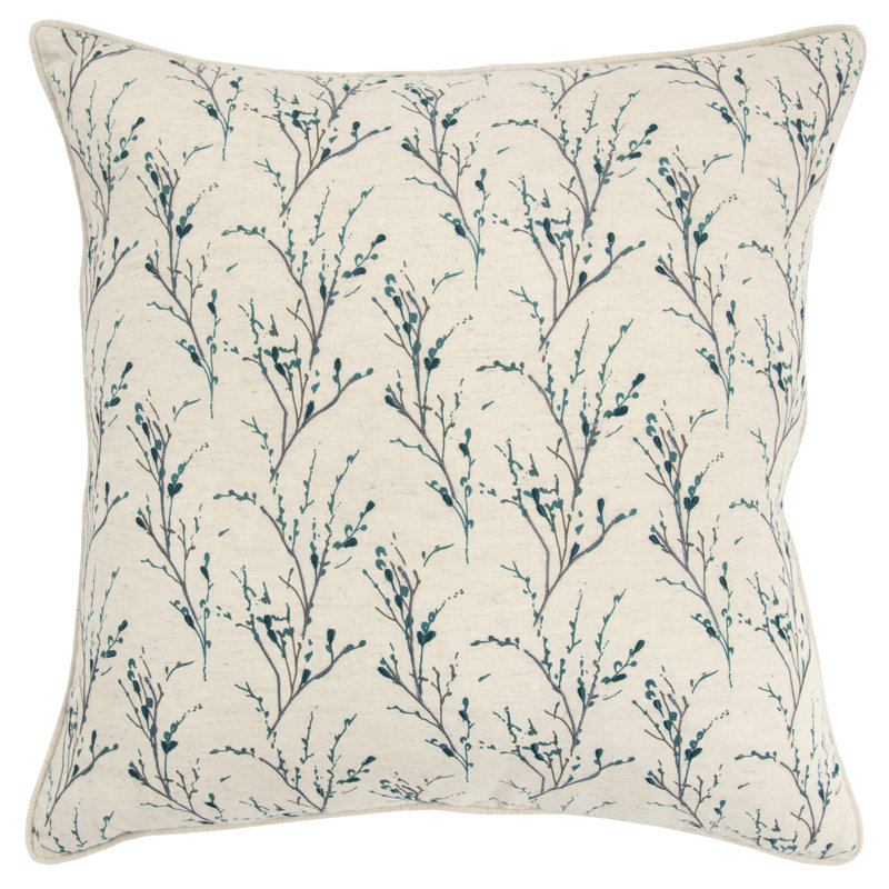 Embroidered Cotton Throw Pillow, Natural/Teal