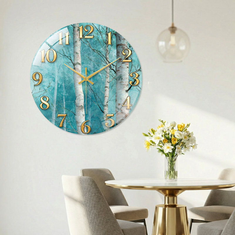 «Birch Trees», horloge murale en verre, 40 x 40 cm (15,7 x 15,7 pouces)