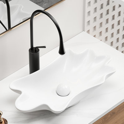 Lavabo vasque de salle de bain en forme de coquille de 24 po x 13 po, céramique à cuisson élevée, facile à nettoyer, assemblage de drain préinstallé de conception américaine, glacis de qualité, sans robinet percé