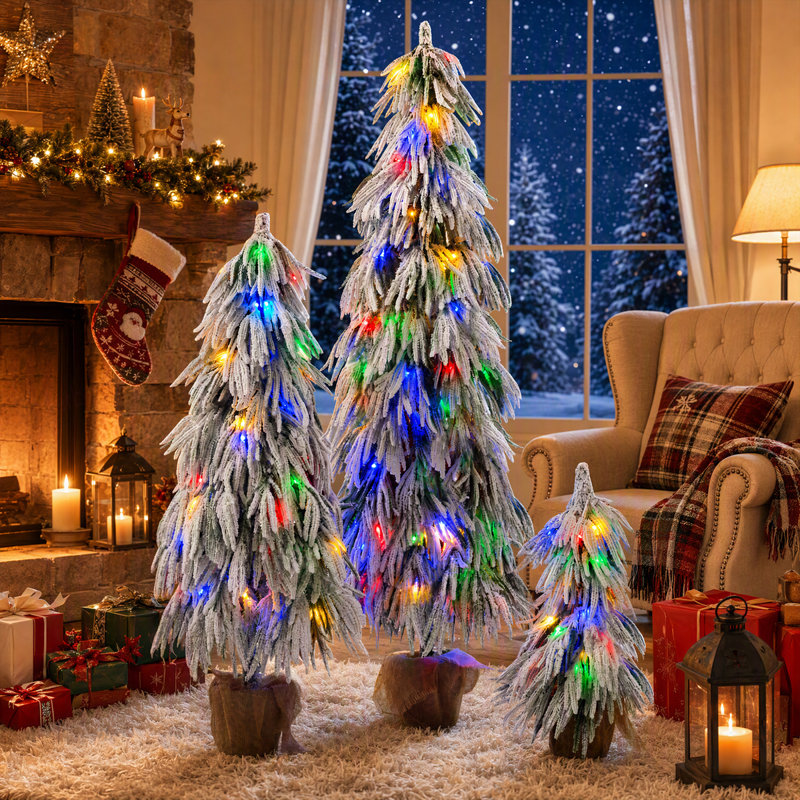 Ensemble de 3 arbres de Noël artificiels 3 pi / 4,5 pi / 6 pi avec 235 lumières à DEL blanc chaud et multicolores pré-éclairées, 11 modes, base de pot rustique en toile de jute pour décoration de maison de vacances