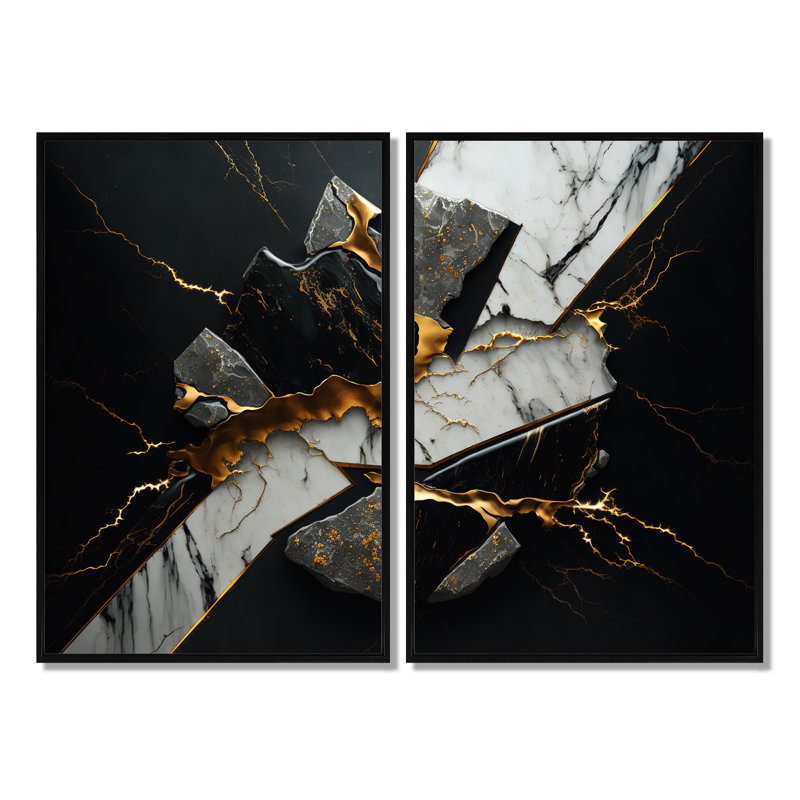 Abstract Geode Black III - Black Modern Canvas Prints, Black, 36" H x 48" W, Floater Framed Print