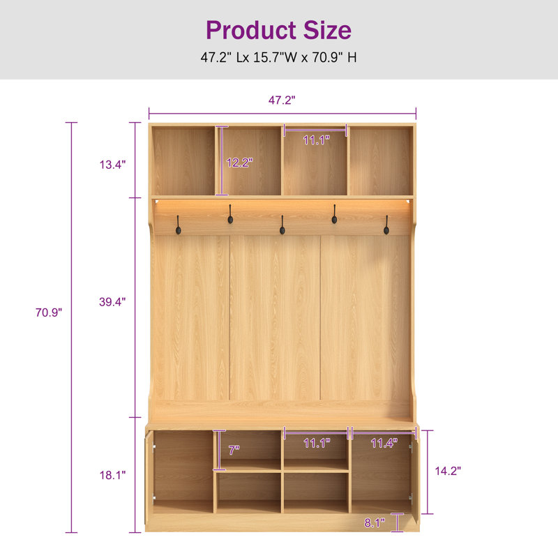Extra Large Hall Tree with Bench and Shoe Storage, Multi-Purpose Entryway Bench with Coat Rack, 5 Double Hooks and 8 Open Compartments