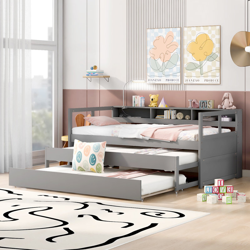 Lit de jour convertible simple avec tablettes Bethsabee par Winston Porter, gris