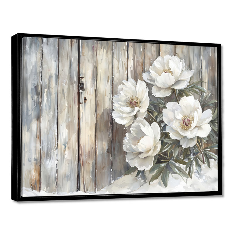Pivoines par la porte de grange glacée - pivoines, art mural, H 16 po x l 32 po, Cadre flottant, Noir