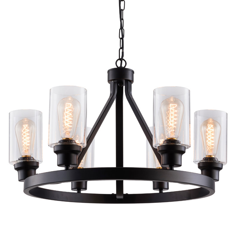 Modern Black Chandelier, Vintage Candle Farmhouse Ceiling Pendant Light Fixture with Glass Shade
