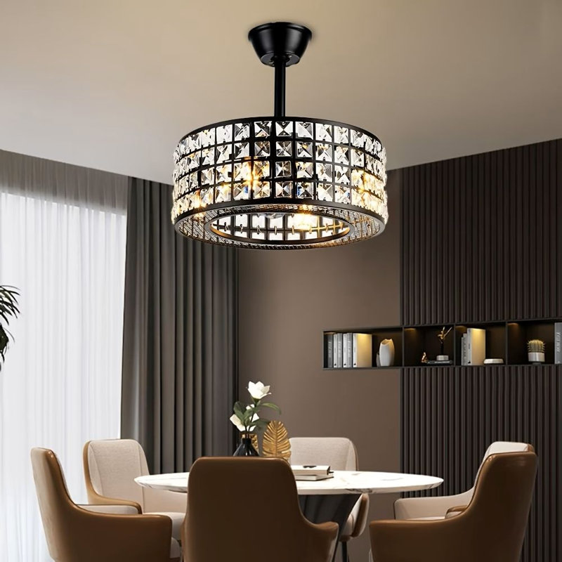 Ventilateur de plafond en cristal avec lumière et télécommande, ventilateur de cage noir à 3 vitesses avec ventilateur sans pales à intensité variable pour salle à manger