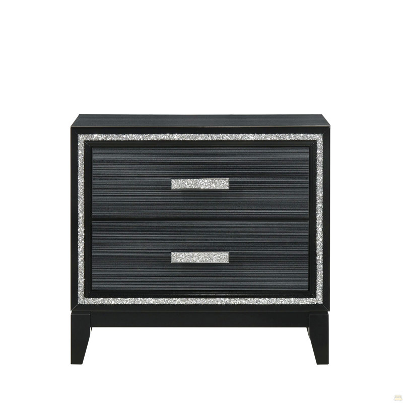 Nightstand With Two Drawers Wooden 1Pc Shimmering, Black