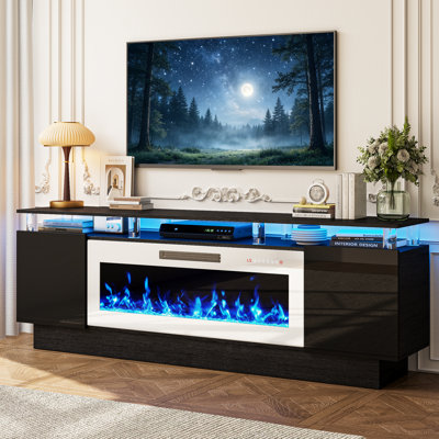 Meuble télé avec foyer électrique de 102 cm (40 po), console multimédia moderne à 2 niveaux pour salon, armoires de rangement laquées avec éclairage DEL, compatible avec les téléviseurs jusqu'à 211 cm (83 po).