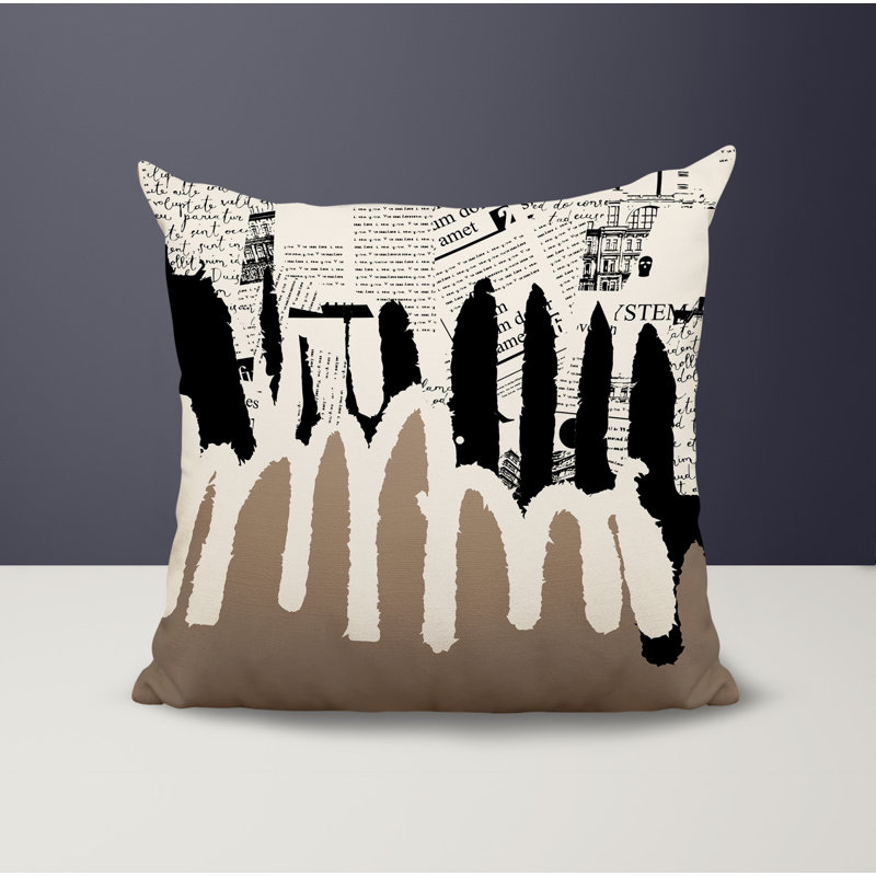 Oreiller carré réversible intérieur / extérieur Kisha, H 15 po x l 15 po, Beige / noir / blanc cassé abstrait