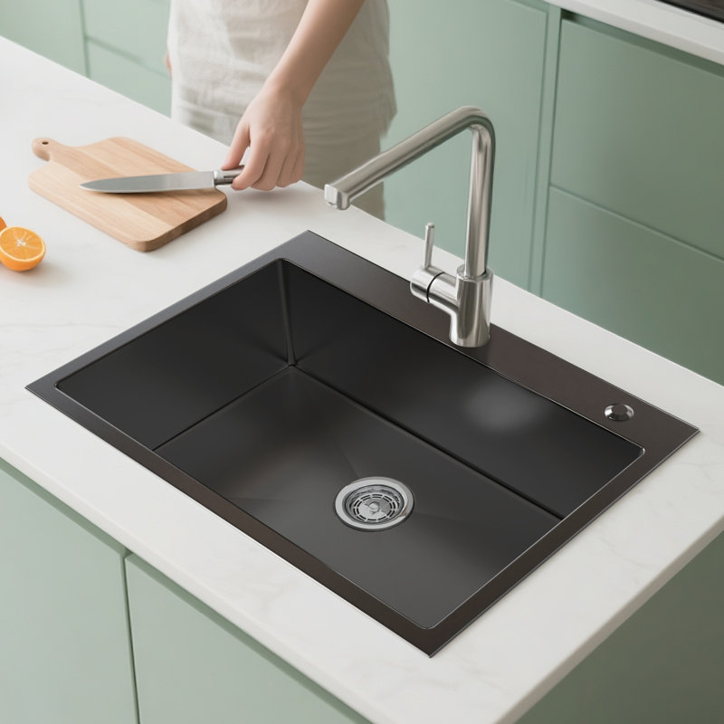 Évier de cuisine à cuve simple en acier inoxydable de calibre 20 avec ensemble de drain encastrable L 27 po x l 19 po