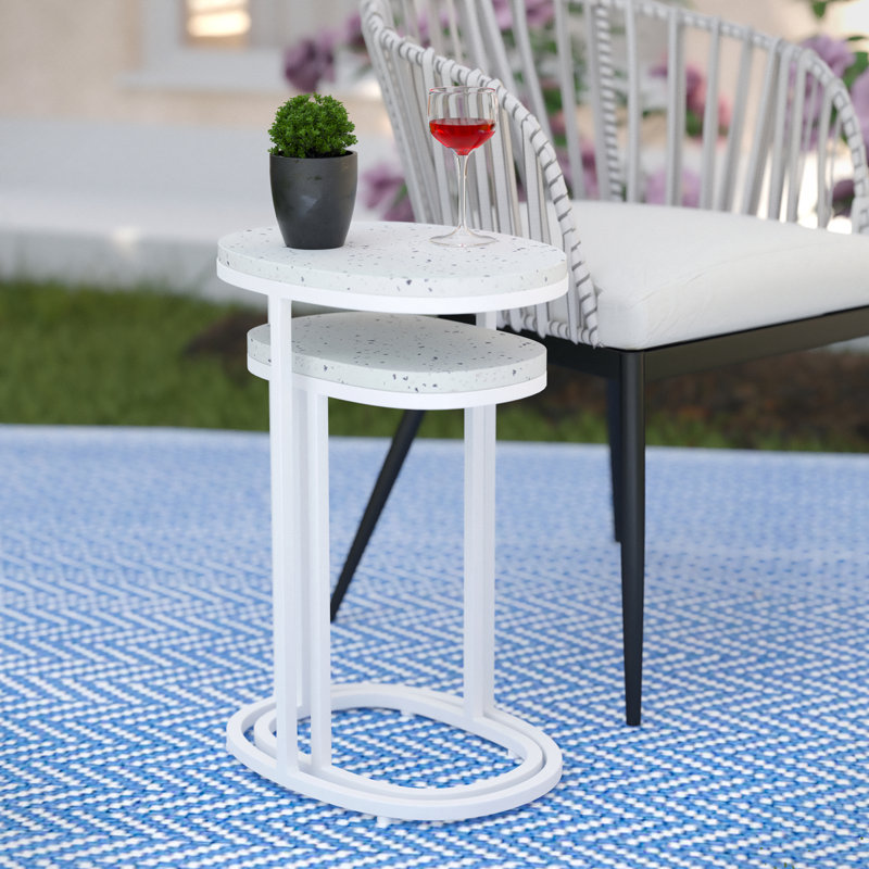 Frakes 22.75" W x 12" D Oval Iron Nesting Outdoor Side Tables with Terrazzo Top