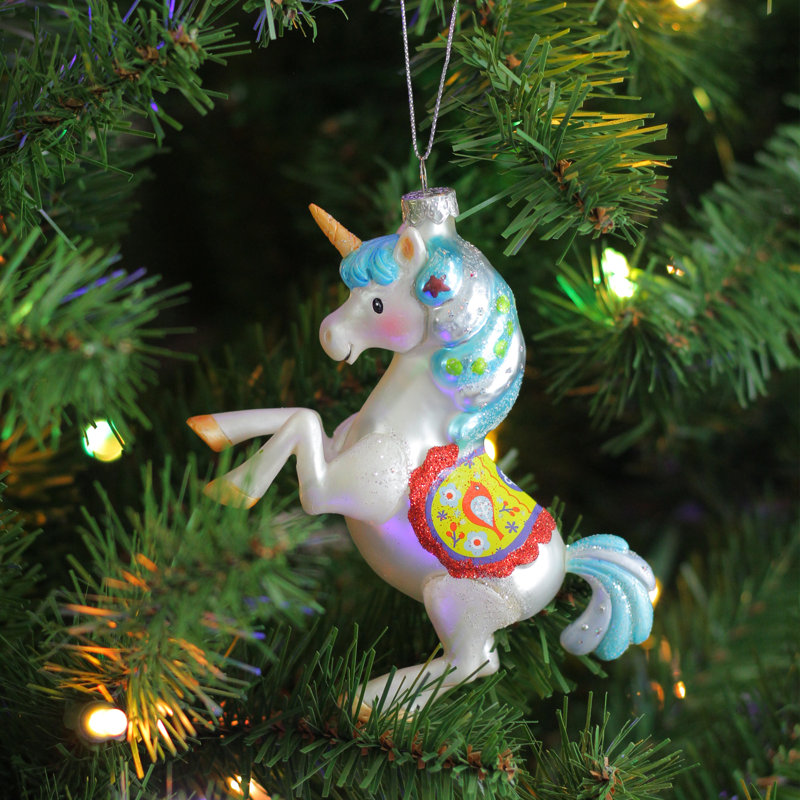 Ornement de Noël 5,25 po en forme de licorne en verre scintillant blanc et bleu