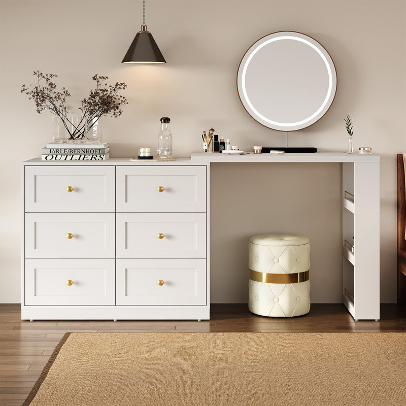 Extendable Makeup Vanity Desk With 6 Drawers, White