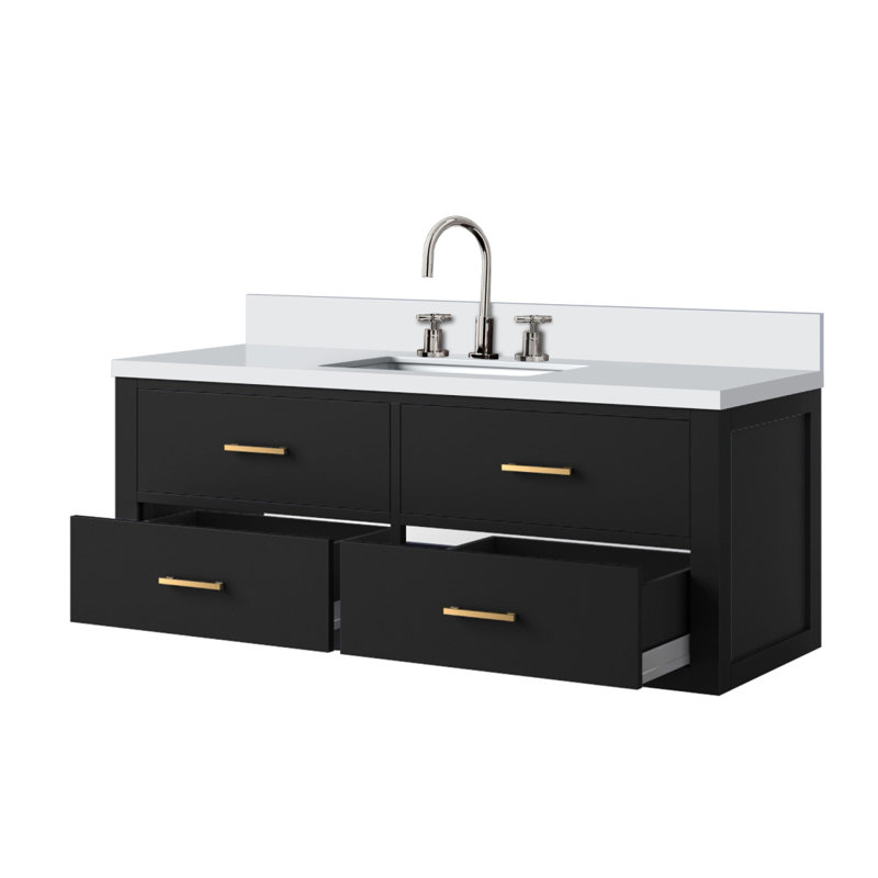 Meuble-lavabo simple noir 48 po X P 22 po D, dessus en quartz blanc et ensemble de robinet, Noir
