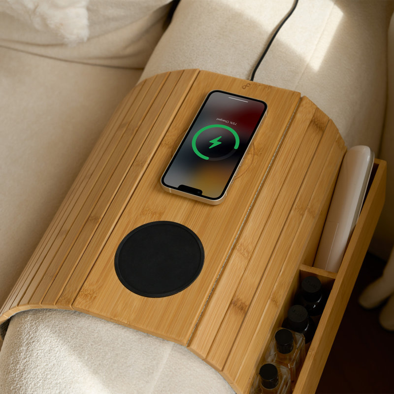 Bamboo Left Sofa Armrest Tray with 15W Wireless Charger, Cup Holder and Storage