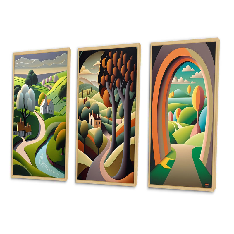 «Little Spring River In Abstract Green Mountains», 3 pièces, H 36 po x l 28 po, Cadre naturel flottant
