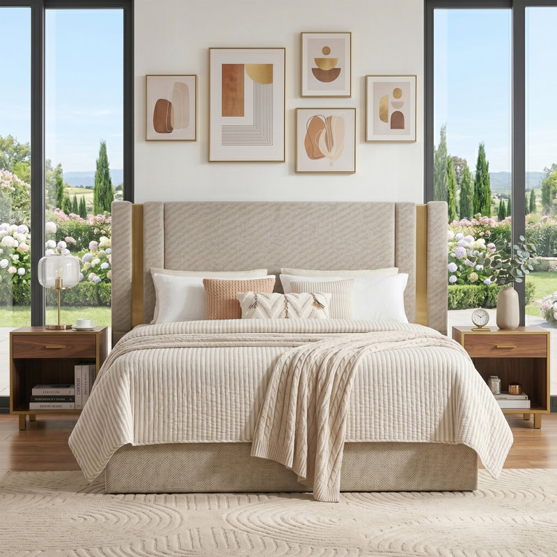 Modern Wingback Linen Upholstered Platform Bed with Gas Lift Storage, Queen, Mink Linen, Mink, Queen
