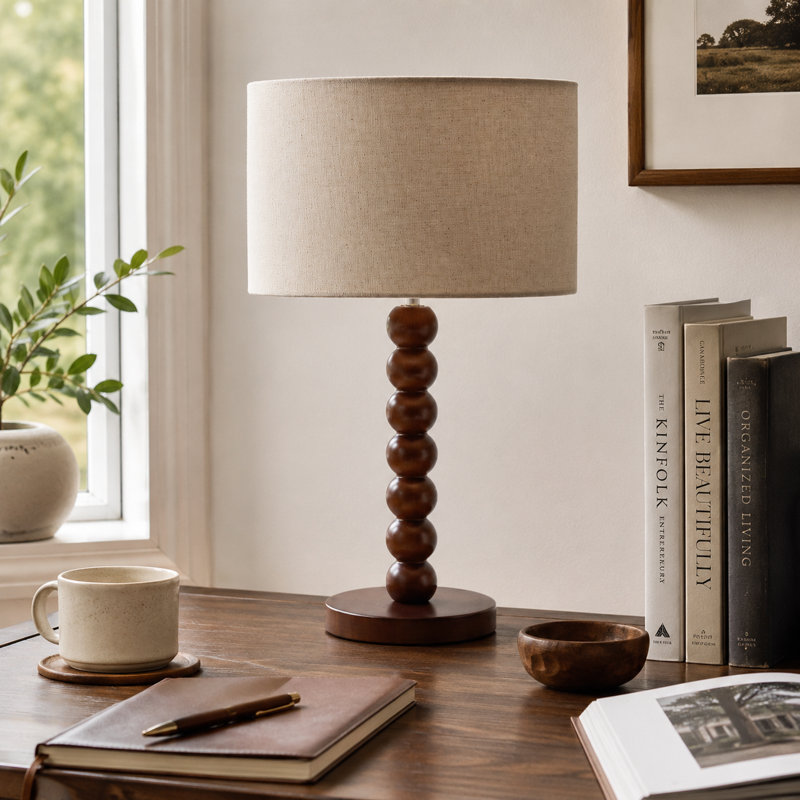 Lampe de table effilée en bois de noyer massif 17,5 "avec abat-jour tambour en lin, lampe de chevet moderne avec base E26 pour chambre à coucher, salon
