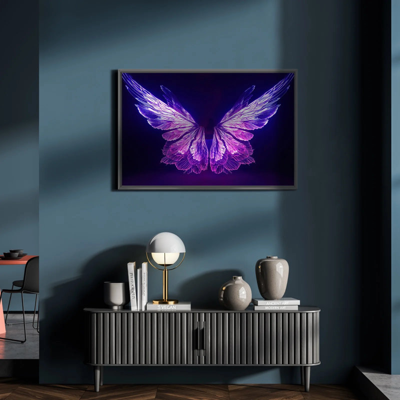 Reproduction d'art aile de papillon irisée - art suspendu mauve-bleu chatoyant pour décoration murale de rêve