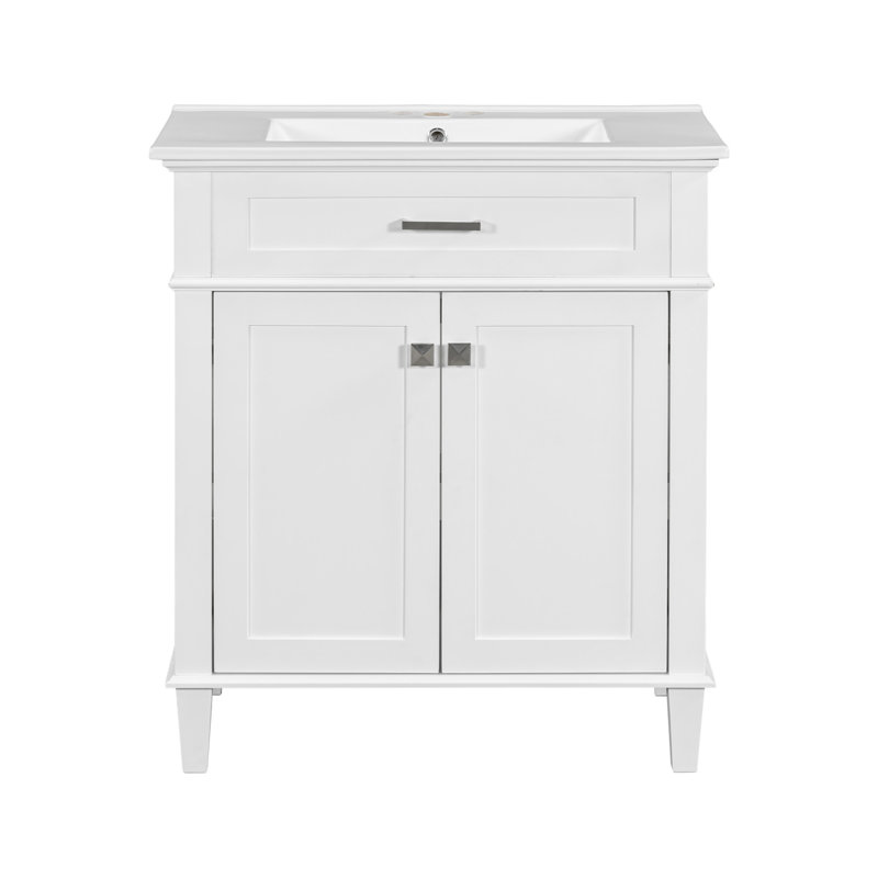 30-Inch White MDF Freestanding Bathroom Vanity with Ceramic Basin