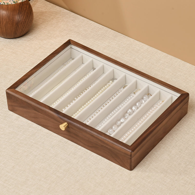 Black Walnut Wood Necklace Organizer with Clear Glass Lid, 10 Slot Jewelry Storage Box for Pendant Chain, Bracelets
