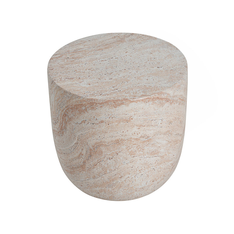Table d'appoint légère en forme de tonneau en béton pour une utilisation intérieure et extérieure avec une finition en travertin naturel et une conception multifonctionnelle.