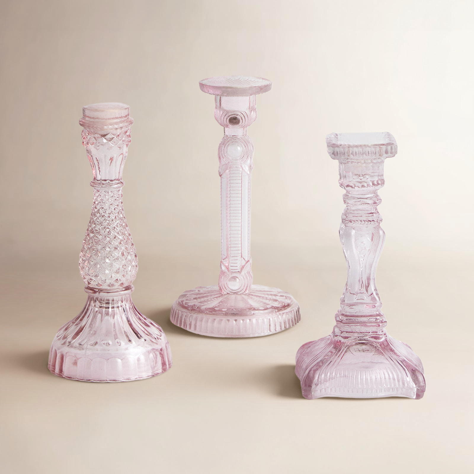 3-Piece Glass Candlestick Set, Large, Pink