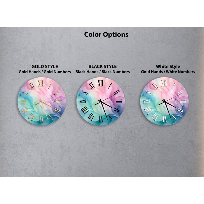Horloge murale éthérée à motif floral abstrait en verre trempé rose et bleu sarcelle, chiffres romains noirs