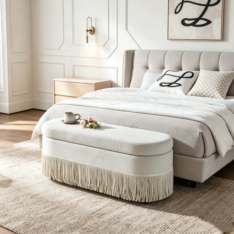 Repose-pieds ovale rembourré avec rangement, repose-pieds multifonctionnel et rangement caché, Beige