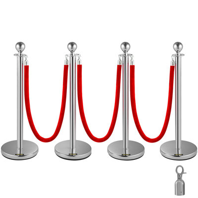 Crowd Control Stanchion, Set Of 4 Pieces Silver Stanchion Set, Stanchion Set With 5 Ft/1.5 M Red Velvet Rope, Crowd Control Barrier