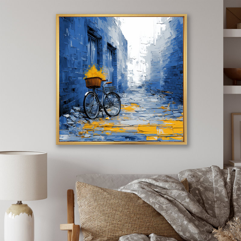 Vélo bleu sur toile, Cadre flottant doré, H 30 po x l 30 po x P 1 po