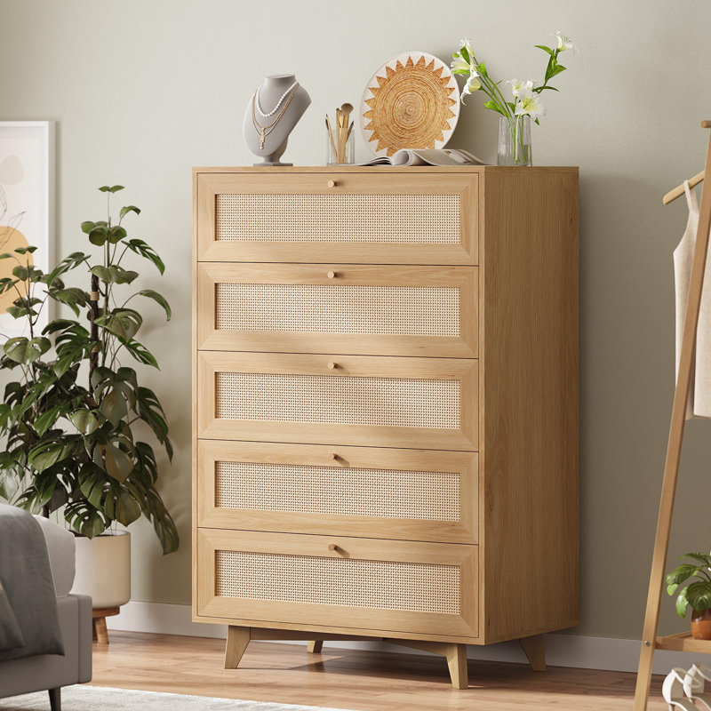 5 Drawers Rattan Dresser, Wood