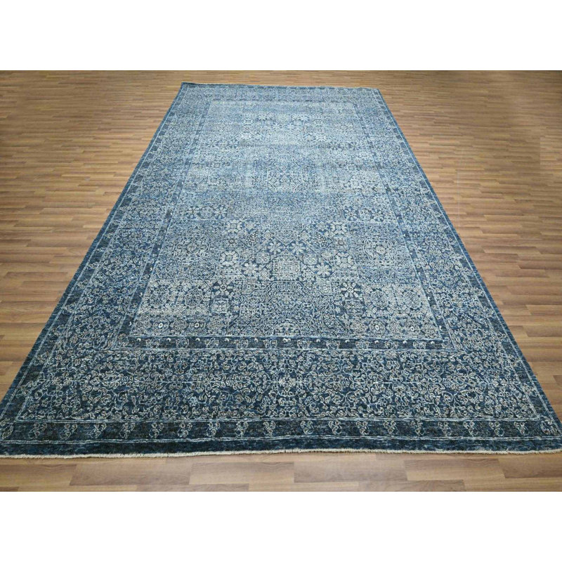 Tapis oriental bleu en laine noué à la main 9 pi 2 po x 12 pi 5 po - MOA10276422