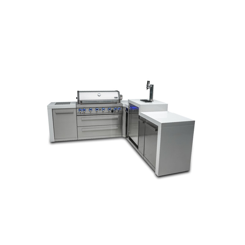 Mont Alpi 6-Burner 90 Degree Corner Deluxe Stainless Steel Island BBQ Grill + Kegerator Refrigerator