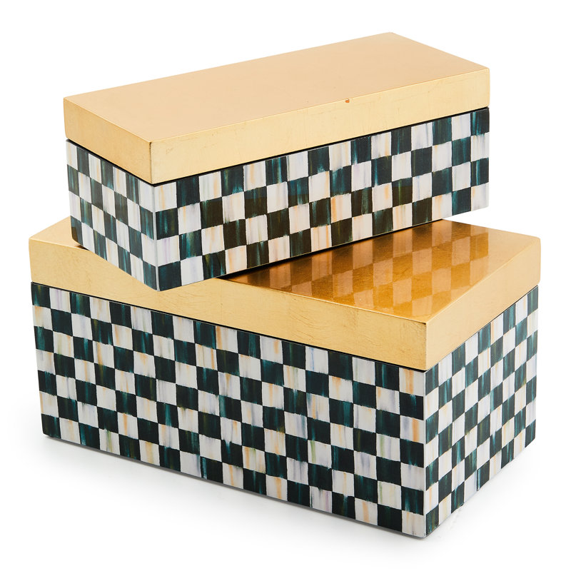 Courtly Check Large Lacquer Decorative Box With Gold Hinged Lid, Black/White/Gold, 6.60" H x 11" W x 5.75" D
