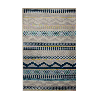 Blue Gray Striped Motif Traditional Vintage Decorative Washable Rug