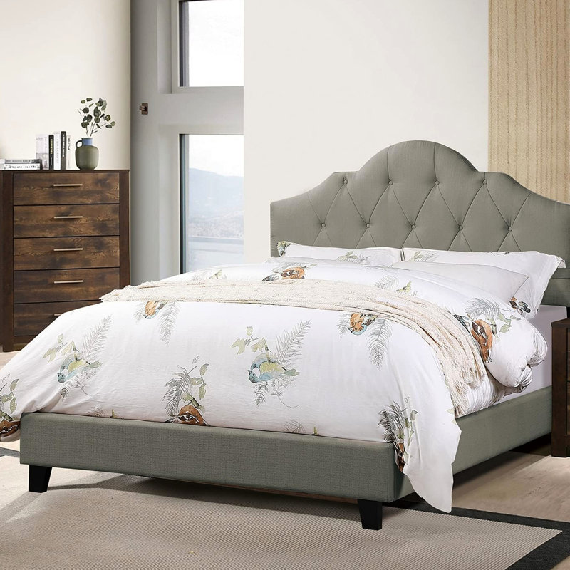 Lit double tapissier contemporain en polyfibre grise, cadre de lit arqué en bois, tête de lit réglable en gris