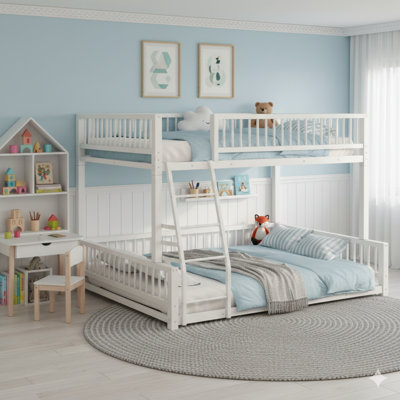 A Floor Bunk Bed Frame In A Full XL Over Queen Configuration, Featuring A Ladder And Safety Guardrails. Easy To Assemble. White Finish.