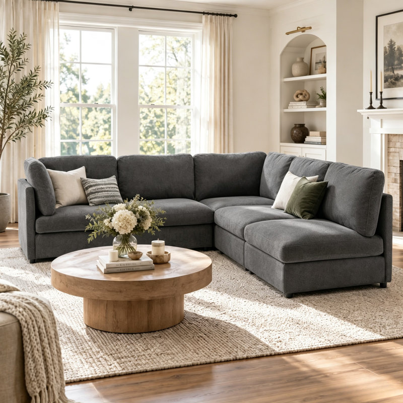 Canapé modulaire 5 pièces 5 pièces, Mélange de polyester gris foncé