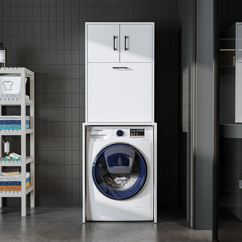 Roomart Luna Washing Machine Cabinet with Built In Laundry Basket and Storage Cupboards,, White