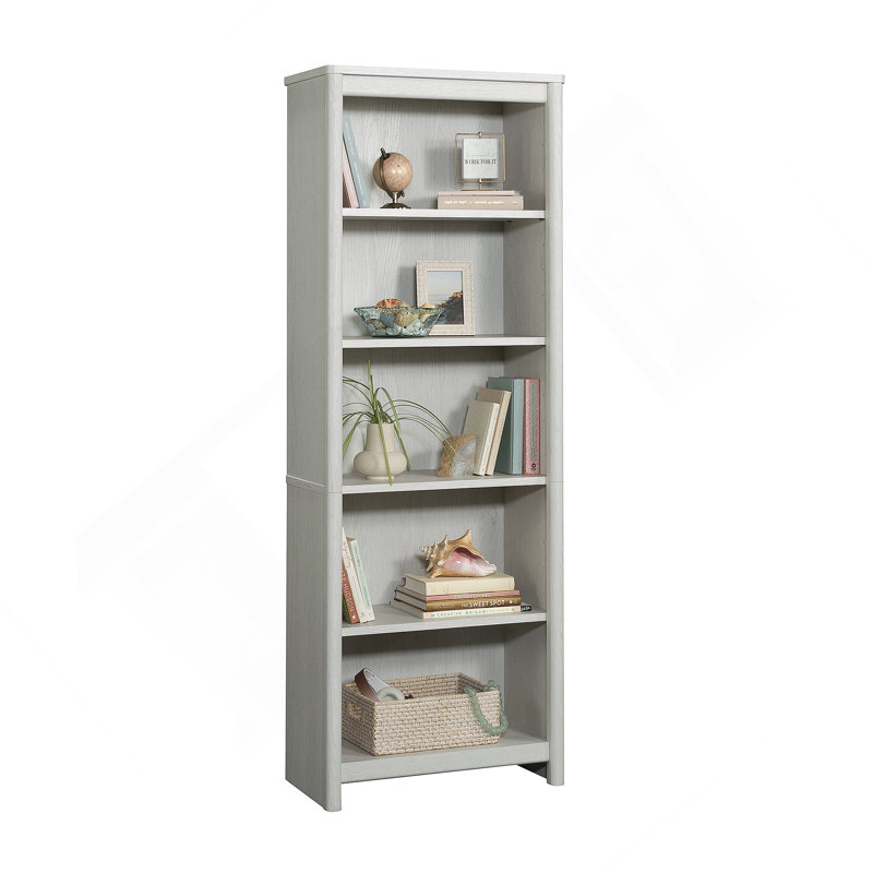 Bibliothèque à 5 tablettes avec tablettes réglables et gestion des câbles, solution de rangement blanche peu encombrante pour la maison ou le bureau.