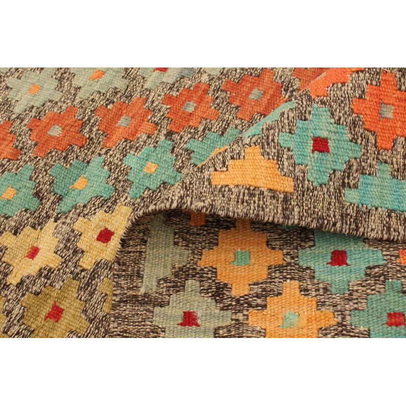 Tapis décoratif en laine de conception unique 4 pi 2 po x 5 pi 9 po noué à la main New Age orange/bleu/jaune