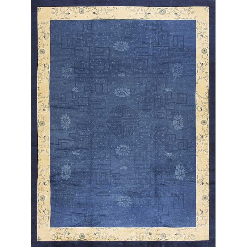 Blue Wool Hand Knotted Pile Rectangle Antique 1920s Rug