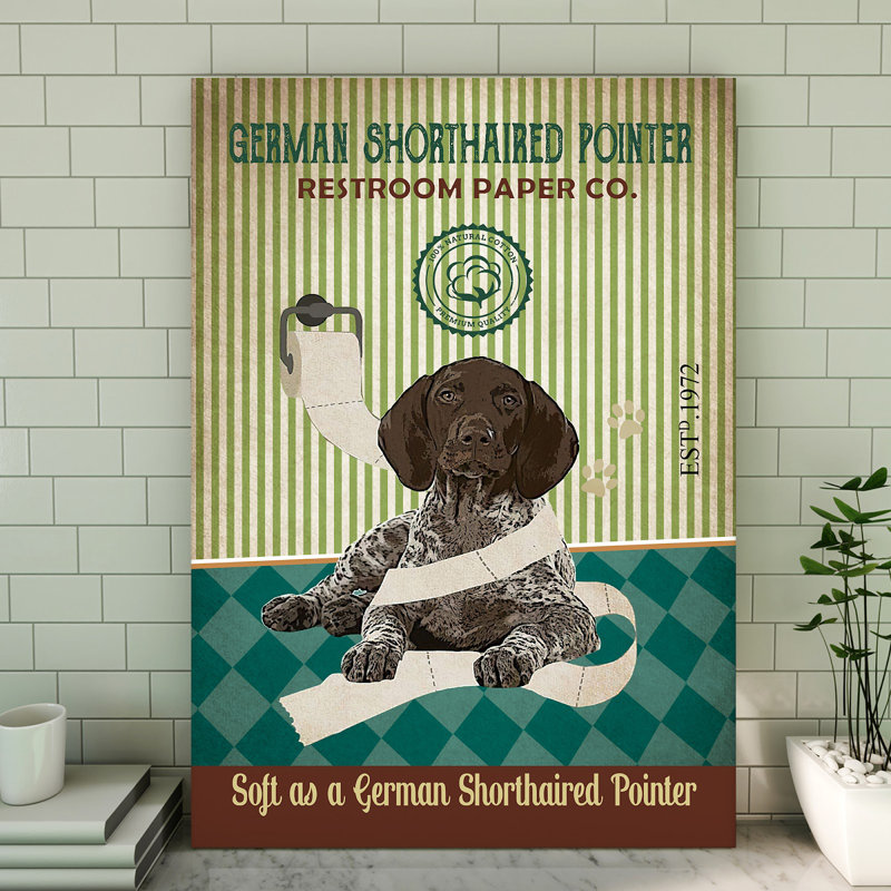 «German Shorthaired Pointer», Toile tendue avec châssis en toile - Illustration pour animaux de compagnie, décoration intérieure bleue et brune