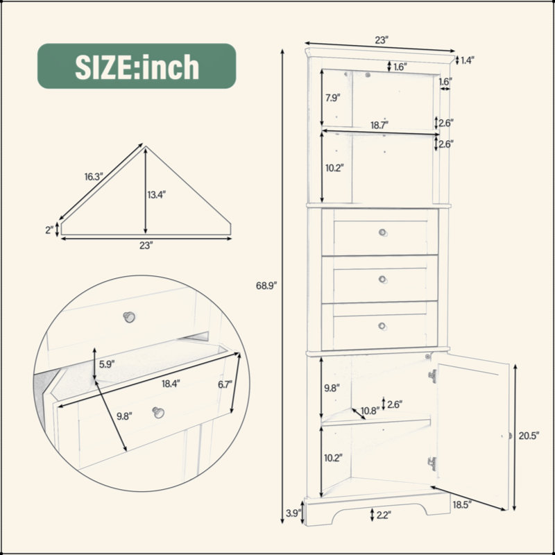 Armoire haute triangulaire avec 3 tiroirs et tablettes réglables pour la salle de bain, la cuisine ou le salon, panneau de fibres à densité moyenne avec finition peinte