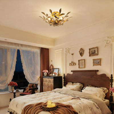 3-Light Gold Botanical Leaf Semi Flush Mount Ceiling Light