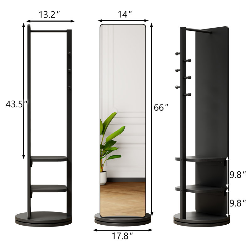 360° Rotating Solid Wood Full-Length Mirror with Coat Rack & Storage Shelves, 66" Freestanding Floor Mirror with Hooks for Bedroom, Living Room, Cloakroom